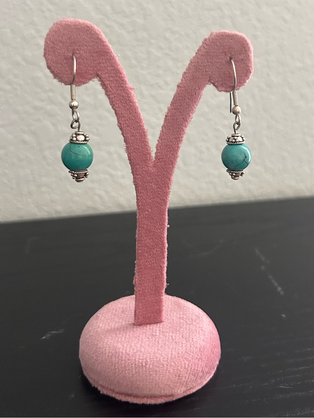 Dainty Turquoise Bead & Silver Drop Dangle Earrings